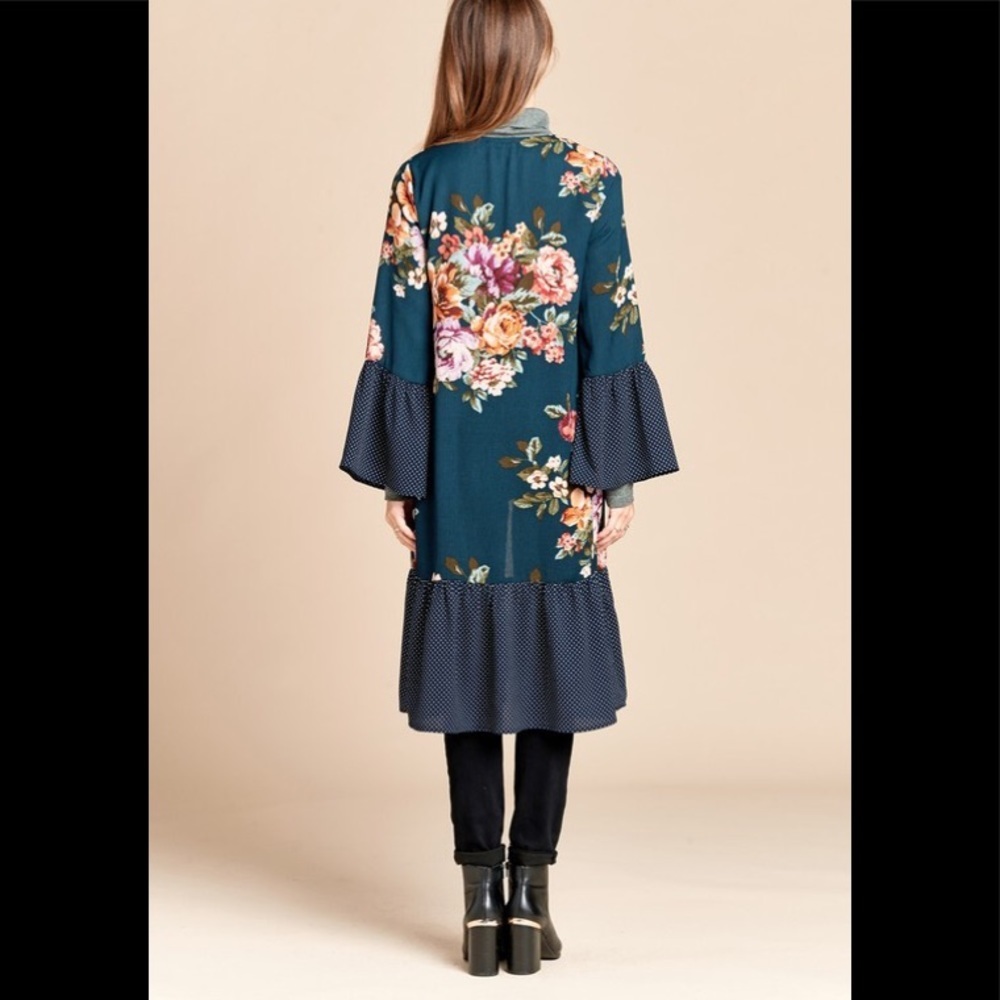 Dark teal  floral print kimono - Picture 6 of 7